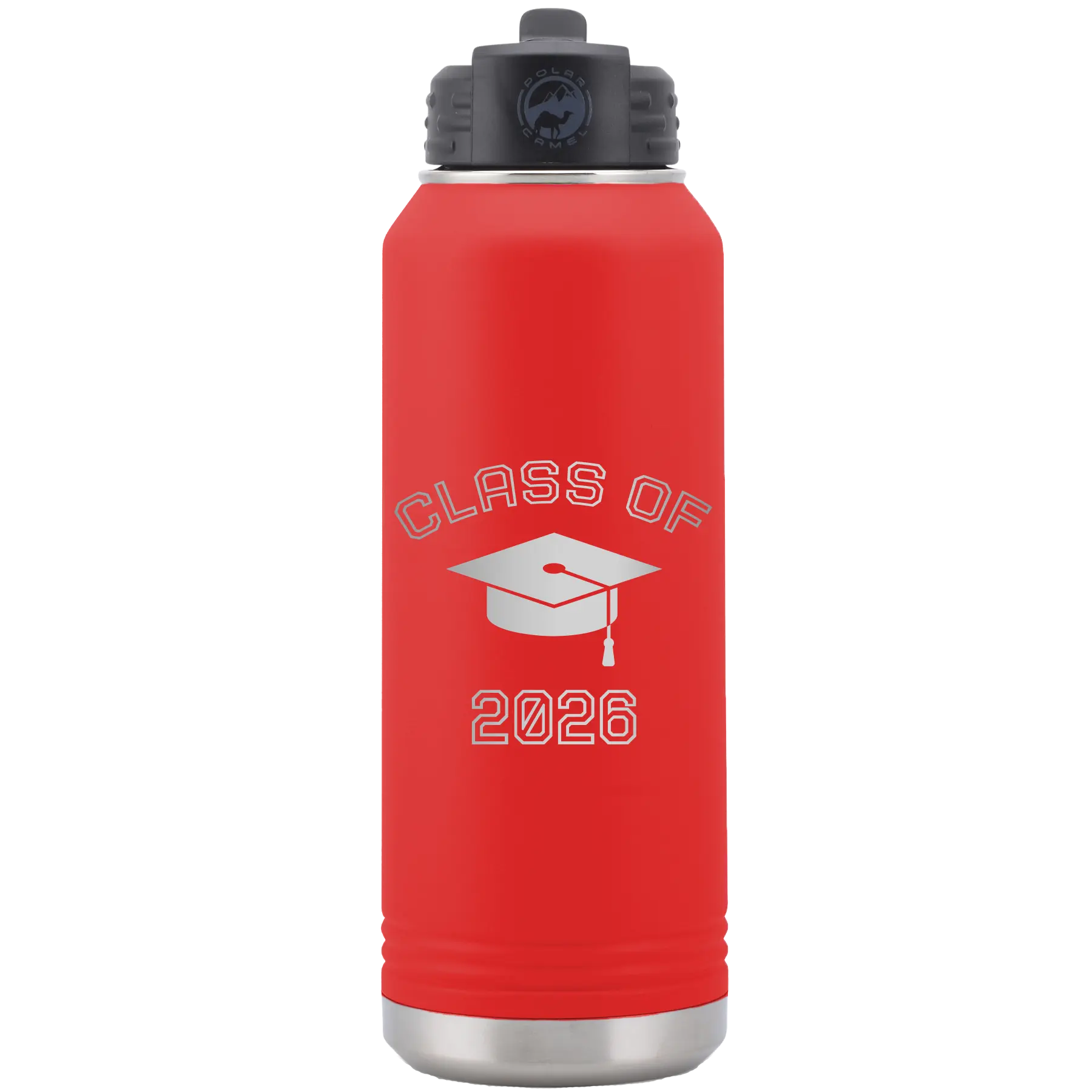 Personalized red 32 oz vacuum insulated water bottle with 'Class of with Cap' design
