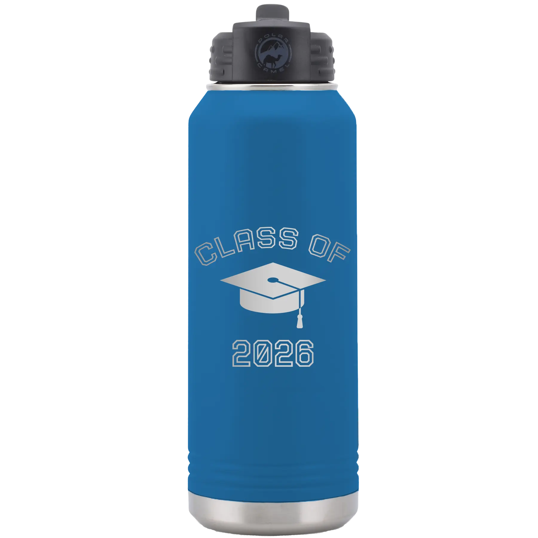 Personalized royal blue 32 oz vacuum insulated water bottle with 'Class of with Cap' design