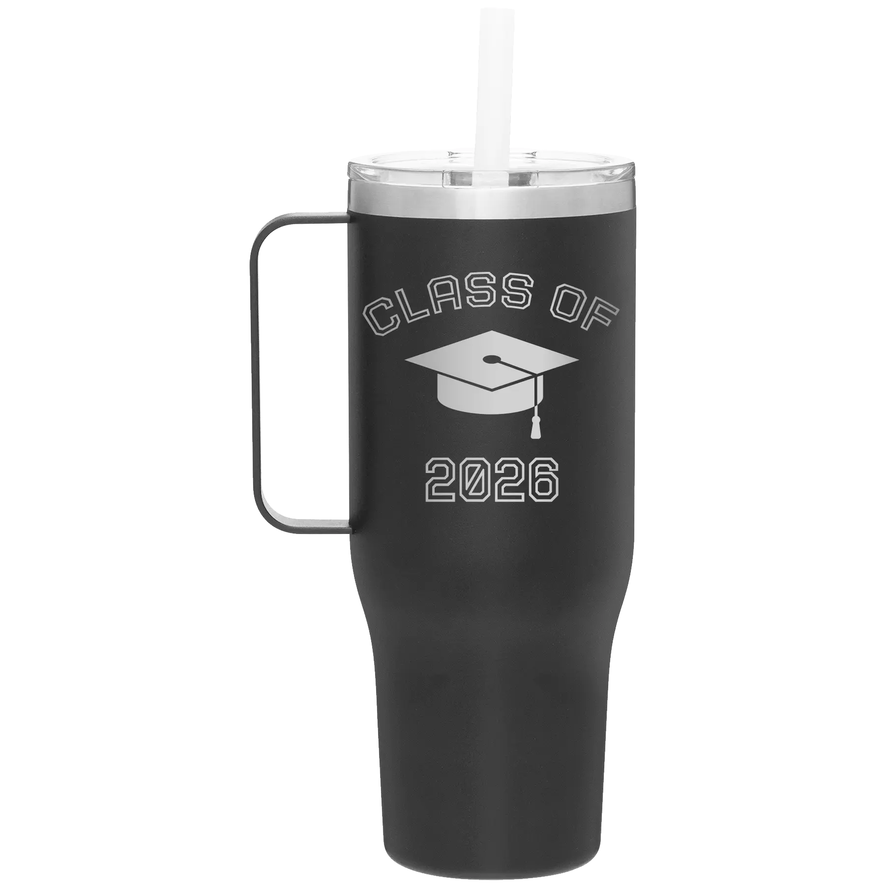 Personalized black 40 oz vacuum insulated tumbler mug with 'Class of with Cap' design