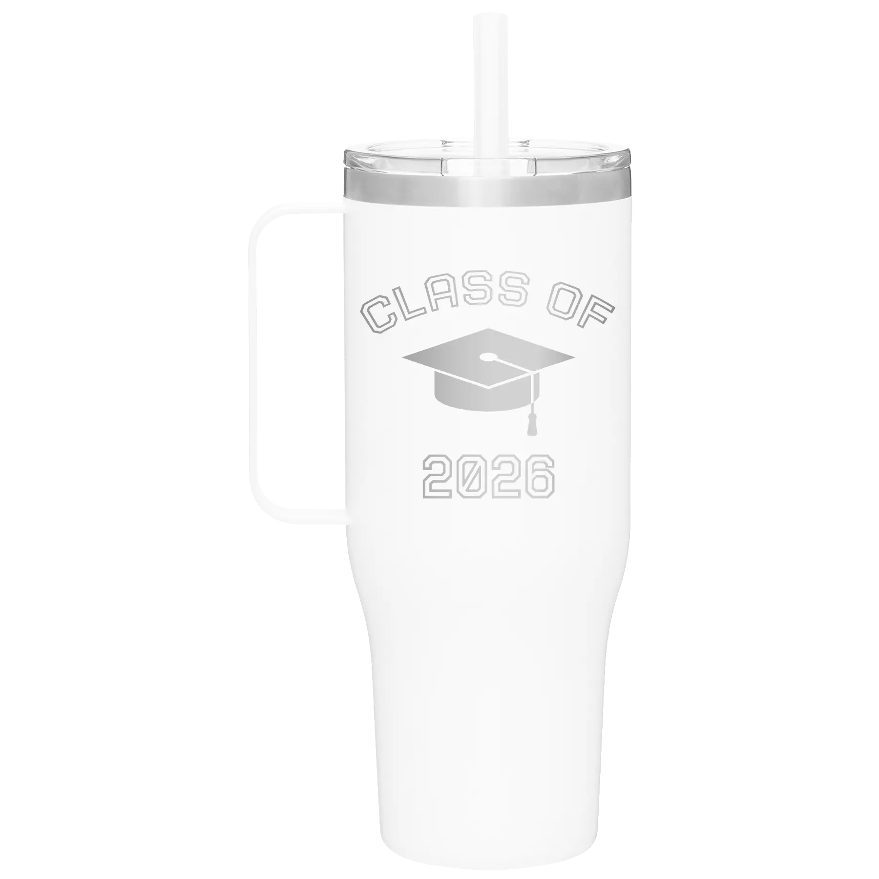 Personalized white 40 oz vacuum insulated tumbler mug with 'Class of with Cap' design