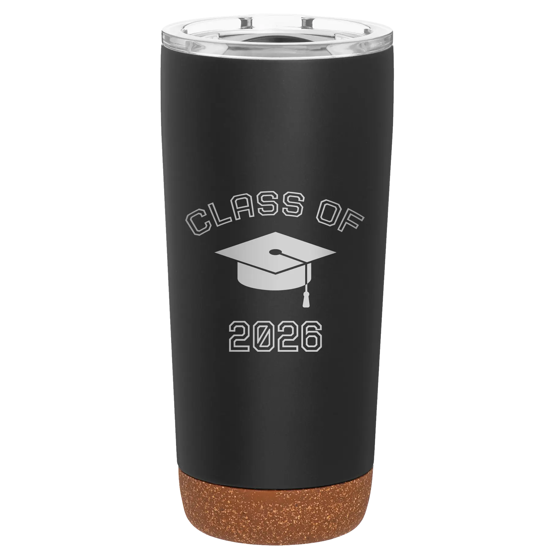 Laser etched black 20 oz vacuum insulated tumbler with 'Class of with Cap' design
