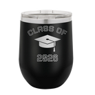 Personalized black 12 oz vacuum insulated wine cup with 'Class of with Cap' design