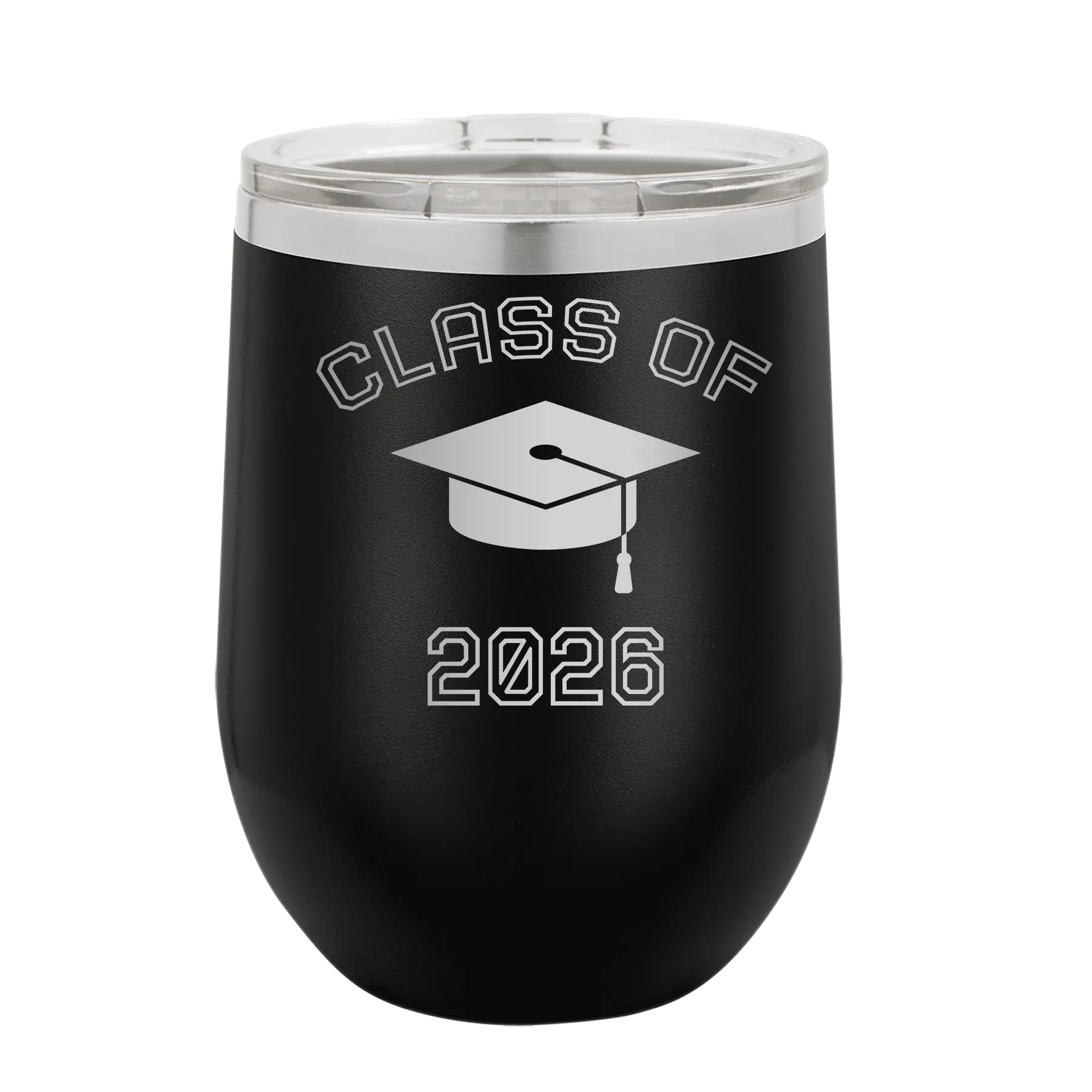 Personalized black 12 oz vacuum insulated wine cup with 'Class of with Cap' design