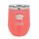 Personalized coral 12 oz vacuum insulated wine cup with 'Class of with Cap' design