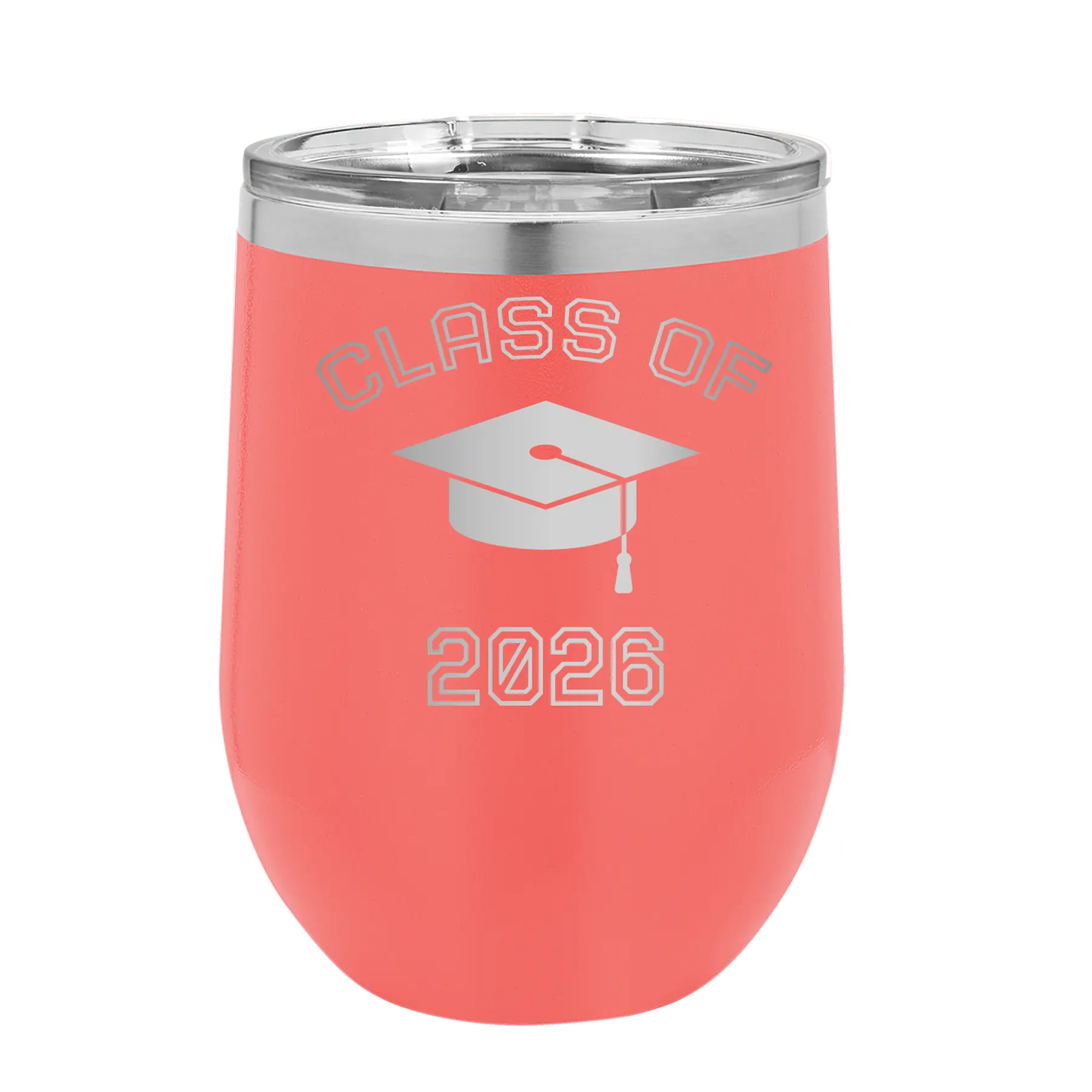 Personalized coral 12 oz vacuum insulated wine cup with 'Class of with Cap' design