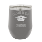 Personalized dark gray 12 oz vacuum insulated wine cup with 'Class of with Cap' design