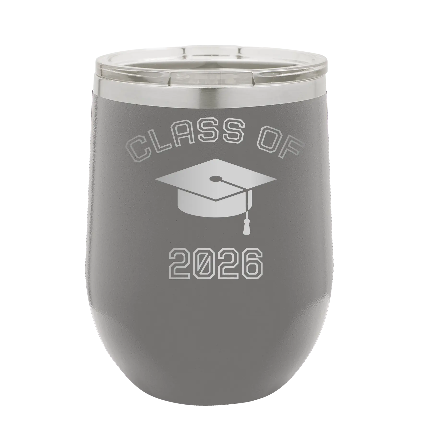 Personalized dark gray 12 oz vacuum insulated wine cup with 'Class of with Cap' design