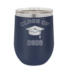 Personalized navy 12 oz vacuum insulated wine cup with 'Class of with Cap' design