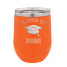 Personalized orange 12 oz vacuum insulated wine cup with 'Class of with Cap' design