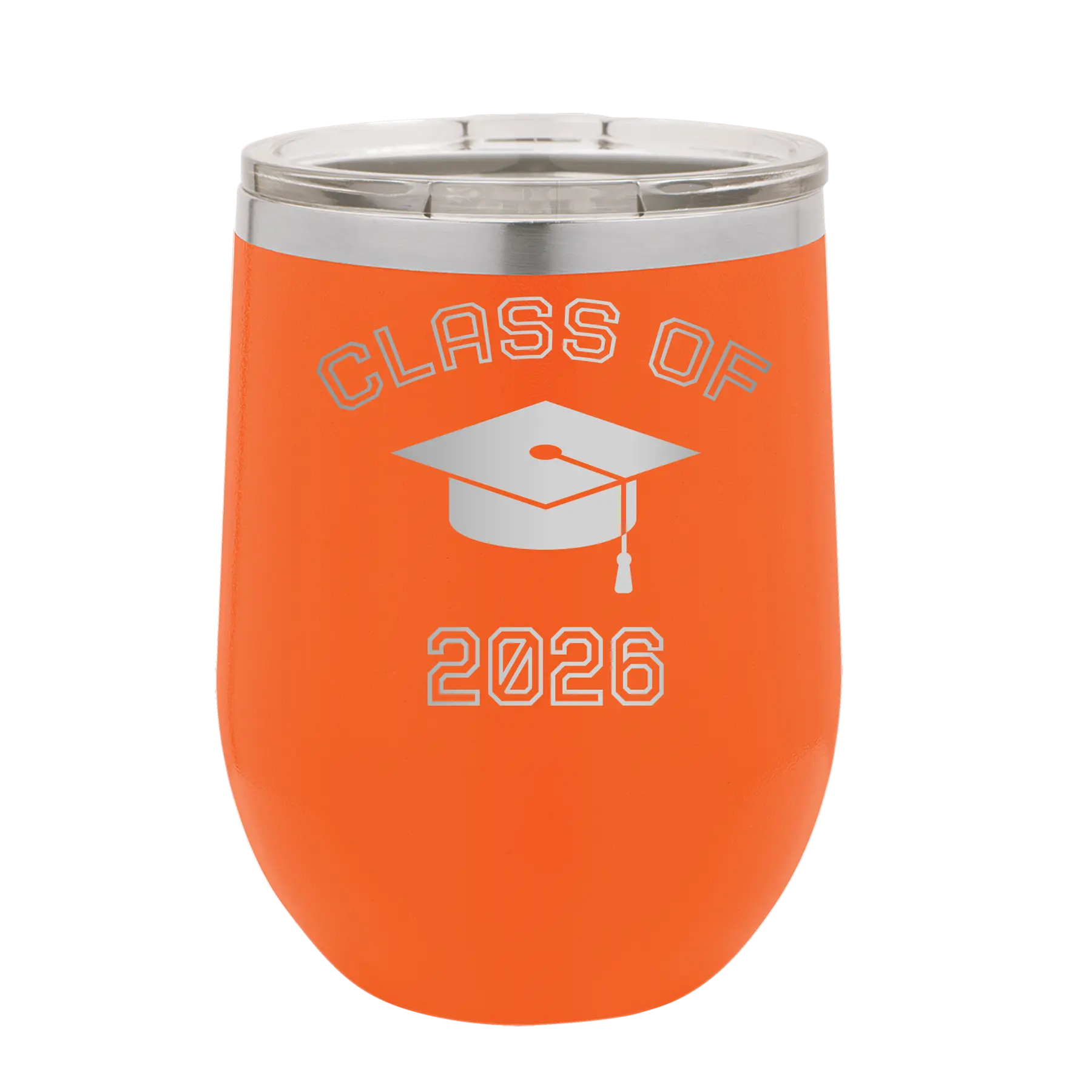 Personalized orange 12 oz vacuum insulated wine cup with 'Class of with Cap' design