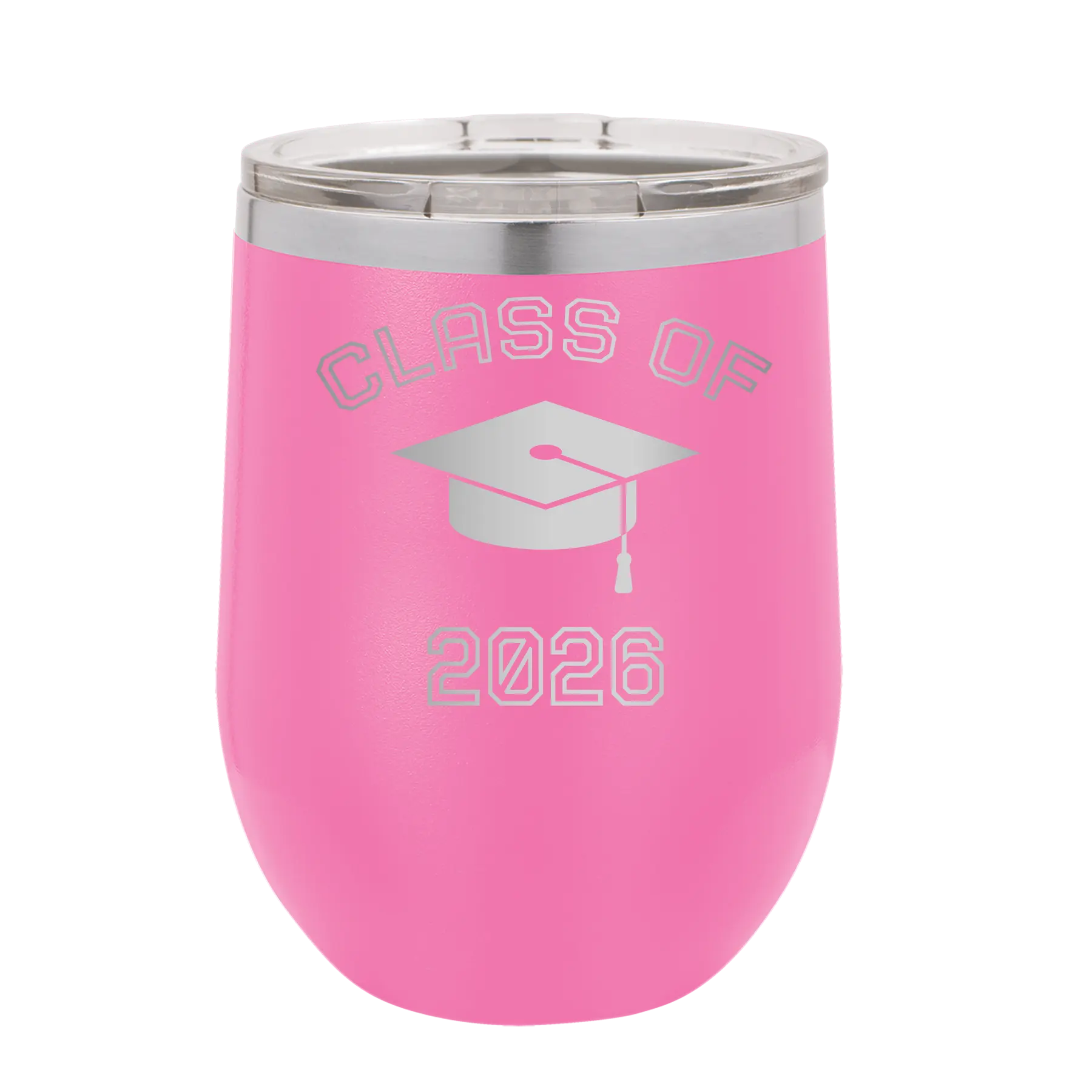 Personalized pink 12 oz vacuum insulated wine cup with 'Class of with Cap' design
