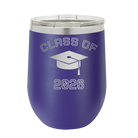 Personalized purple 12 oz vacuum insulated wine cup with 'Class of with Cap' design