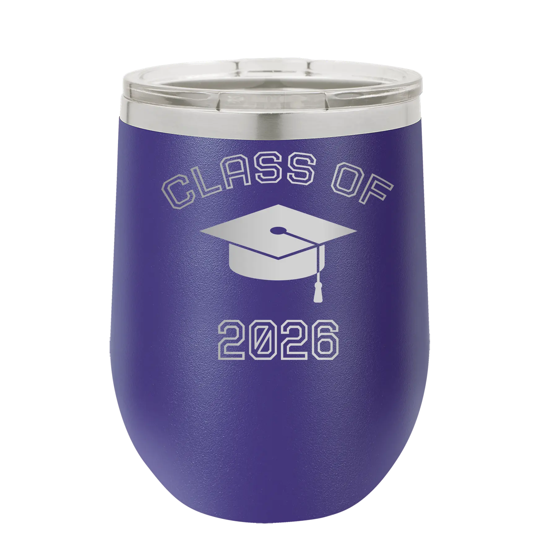 Personalized purple 12 oz vacuum insulated wine cup with 'Class of with Cap' design