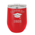 Personalized red 12 oz vacuum insulated wine cup with 'Class of with Cap' design