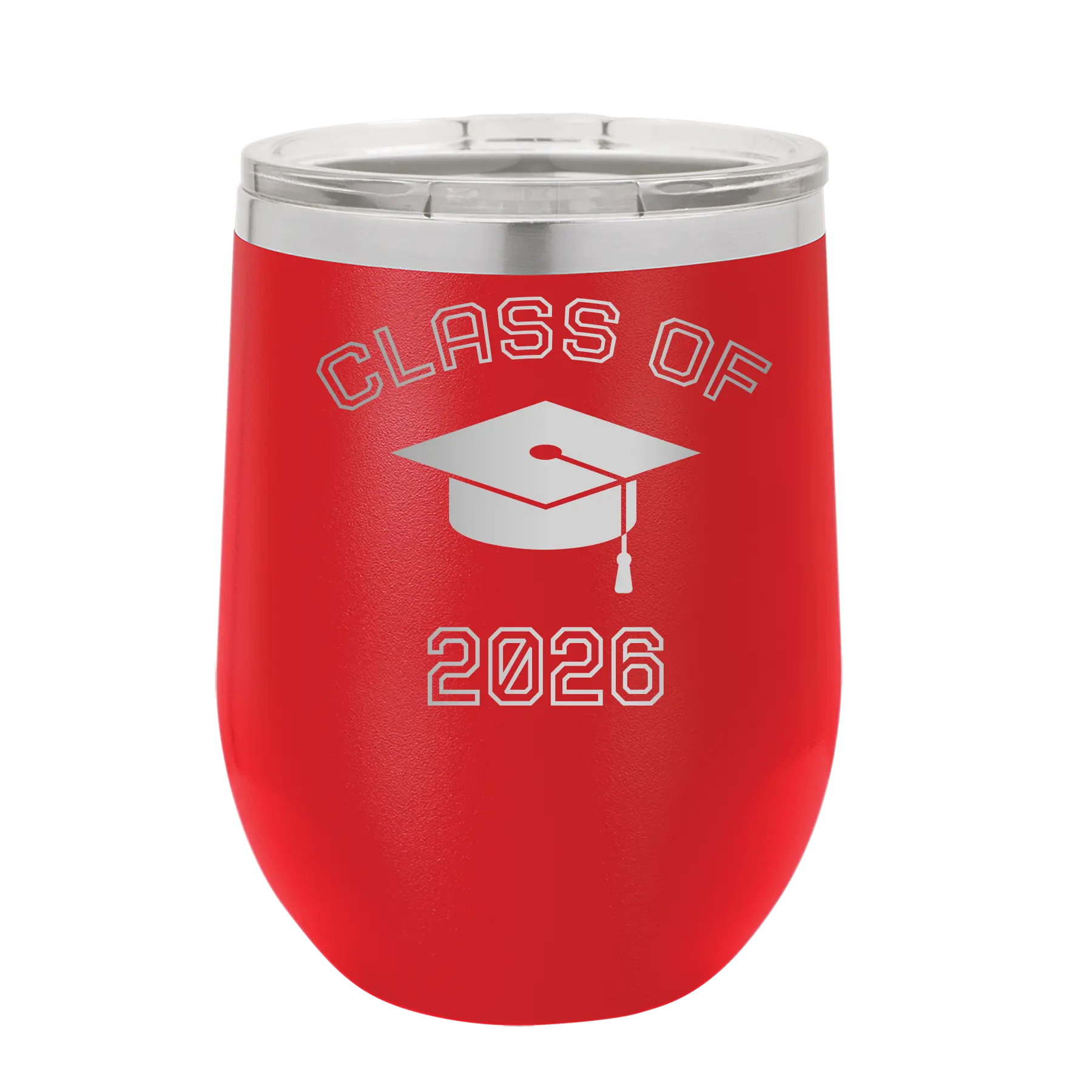 Personalized red 12 oz vacuum insulated wine cup with 'Class of with Cap' design