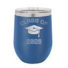 Personalized royal blue 12 oz vacuum insulated wine cup with 'Class of with Cap' design