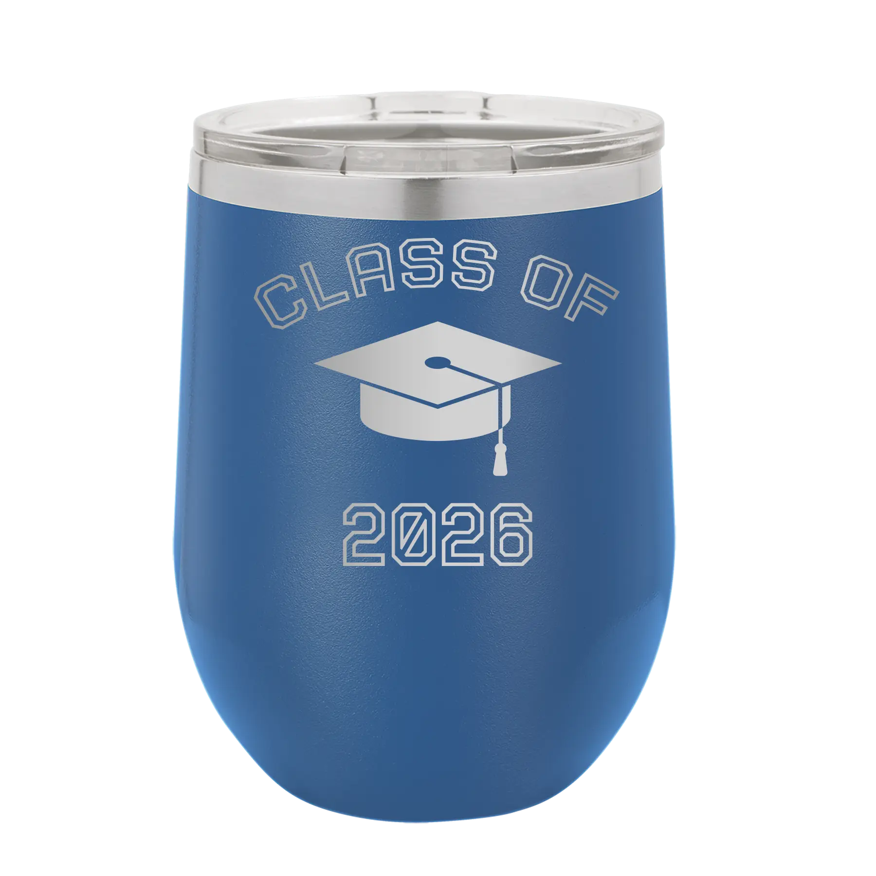 Personalized royal blue 12 oz vacuum insulated wine cup with 'Class of with Cap' design
