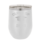 Personalized white 12 oz vacuum insulated wine cup with 'Class of with Cap' design