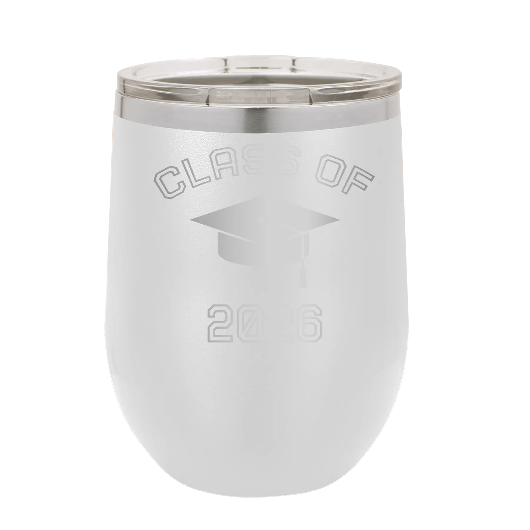 Personalized white 12 oz vacuum insulated wine cup with 'Class of with Cap' design