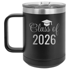 Personalized black 15 oz vacuum insulated coffee mug with 'Class of' design