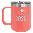 Personalized coral 15 oz vacuum insulated coffee mug with 'Class of' design