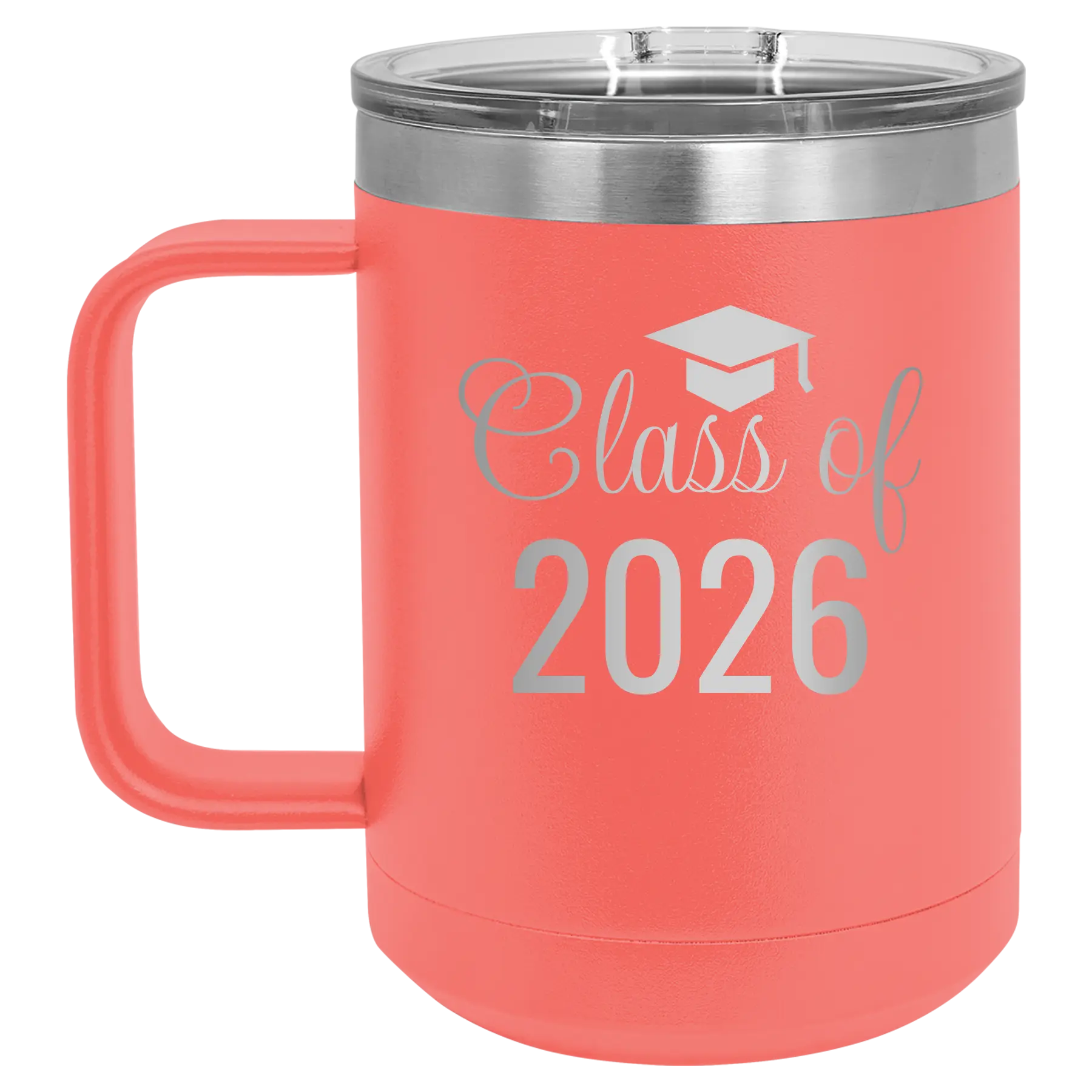 Personalized coral 15 oz vacuum insulated coffee mug with 'Class of' design