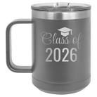 Personalized dark gray 15 oz vacuum insulated coffee mug with 'Class of' design