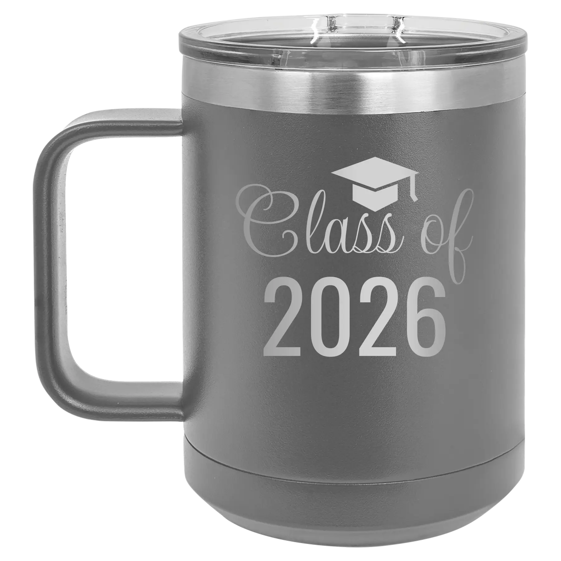 Personalized dark gray 15 oz vacuum insulated coffee mug with 'Class of' design