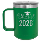 Personalized green 15 oz vacuum insulated coffee mug with 'Class of' design