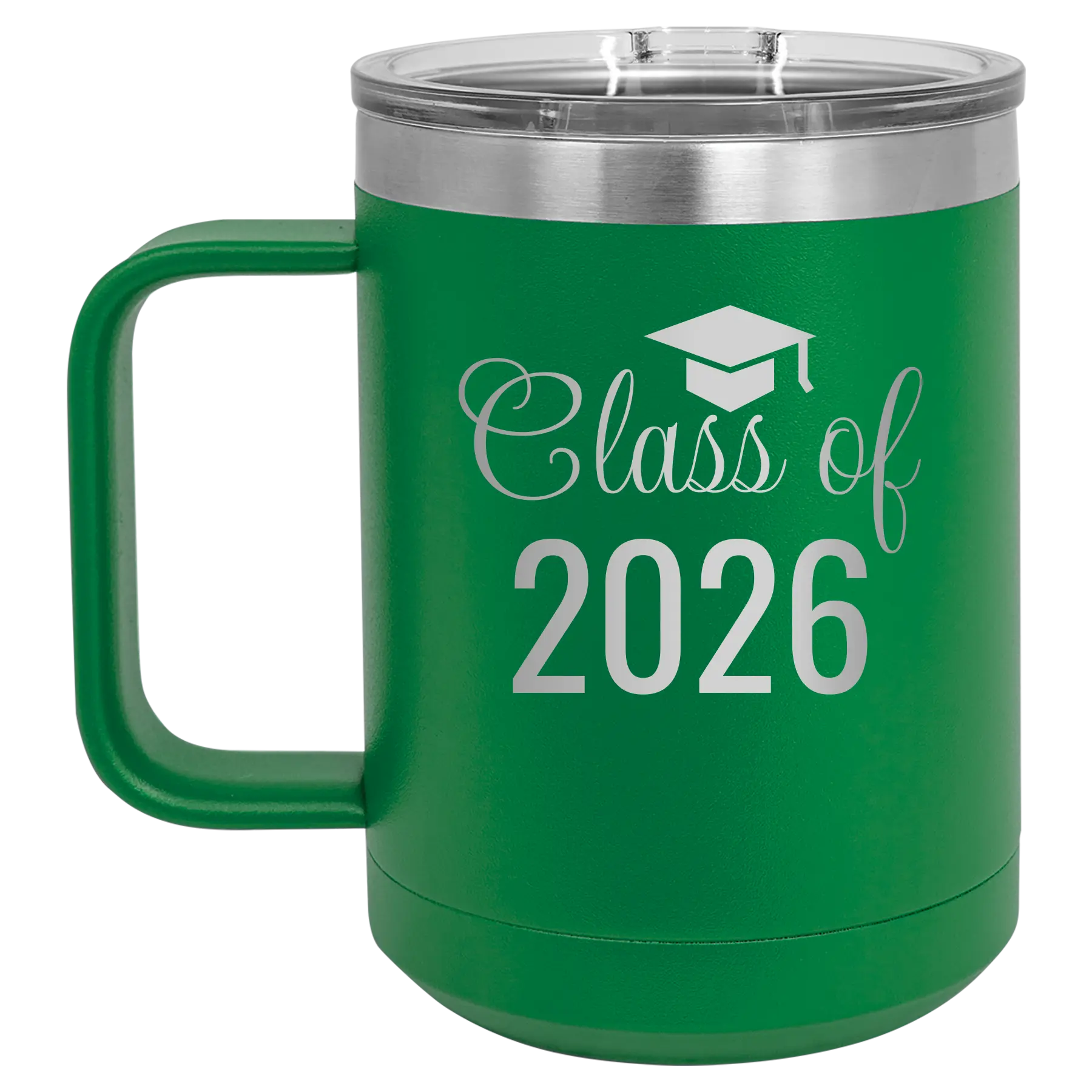 Personalized green 15 oz vacuum insulated coffee mug with 'Class of' design