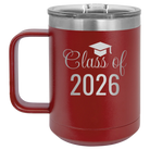 Personalized maroon 15 oz vacuum insulated coffee mug with 'Class of' design