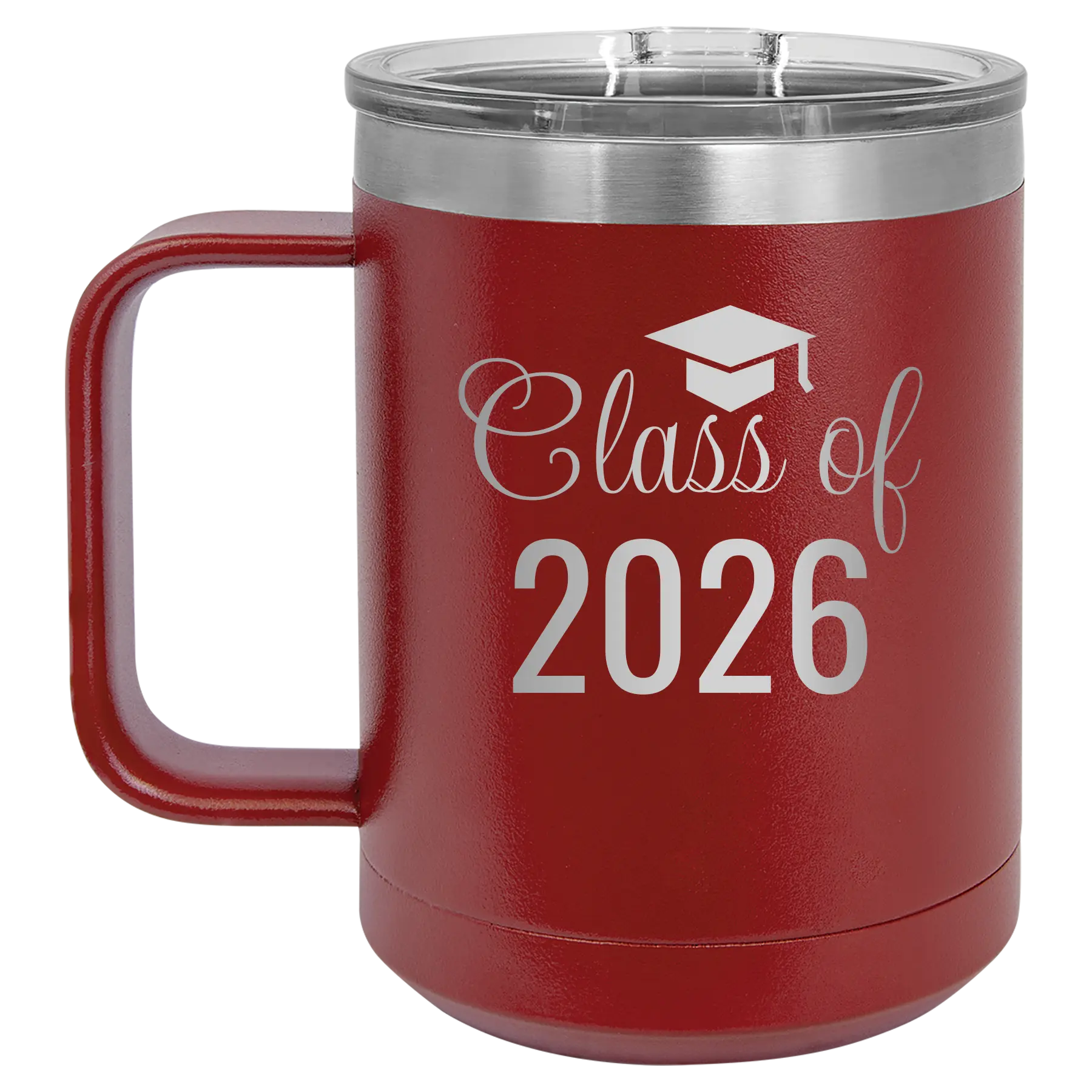 Personalized maroon 15 oz vacuum insulated coffee mug with 'Class of' design