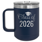 Personalized navy 15 oz vacuum insulated coffee mug with 'Class of' design