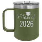 Personalized olive green 15 oz vacuum insulated coffee mug with 'Class of' design