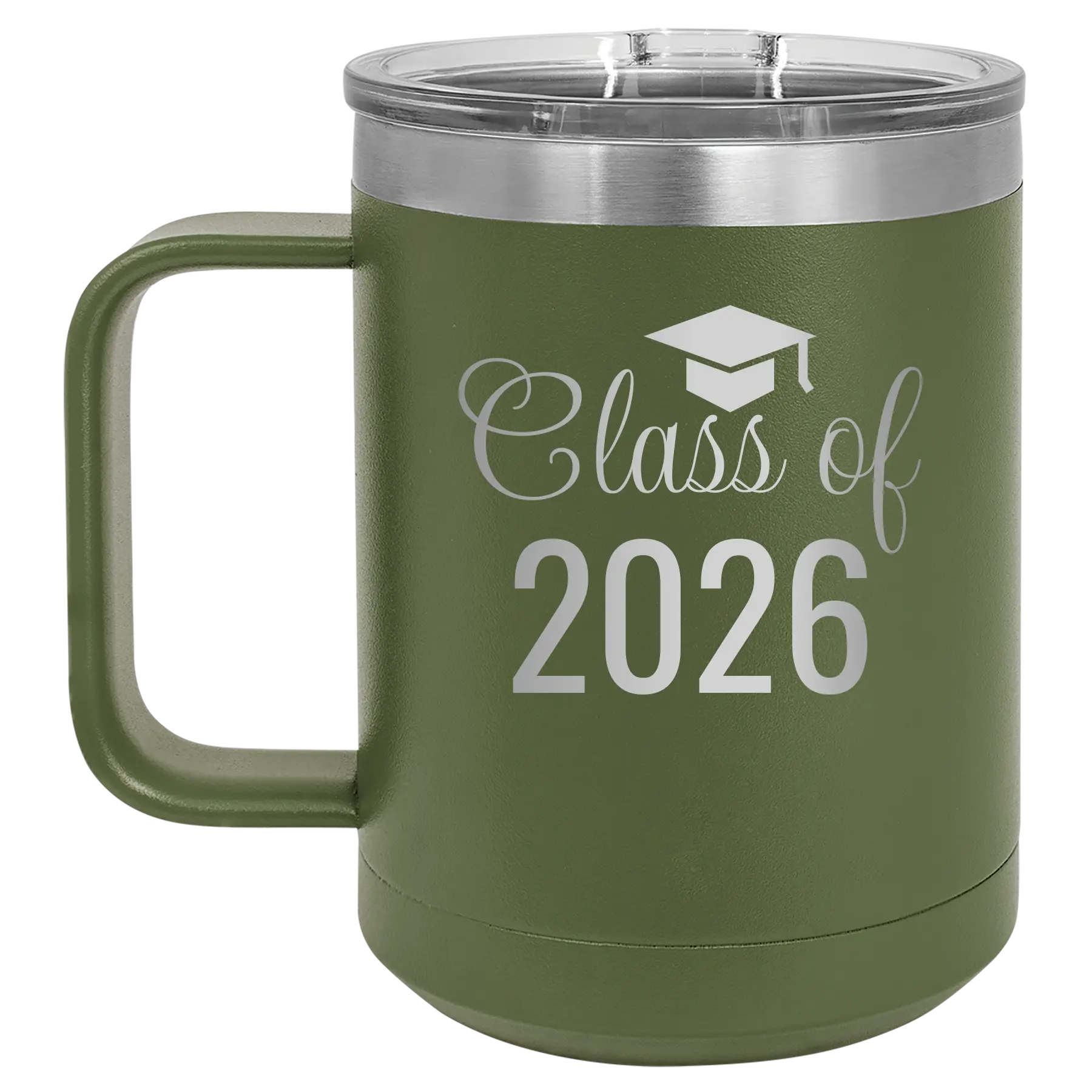 Personalized olive green 15 oz vacuum insulated coffee mug with 'Class of' design