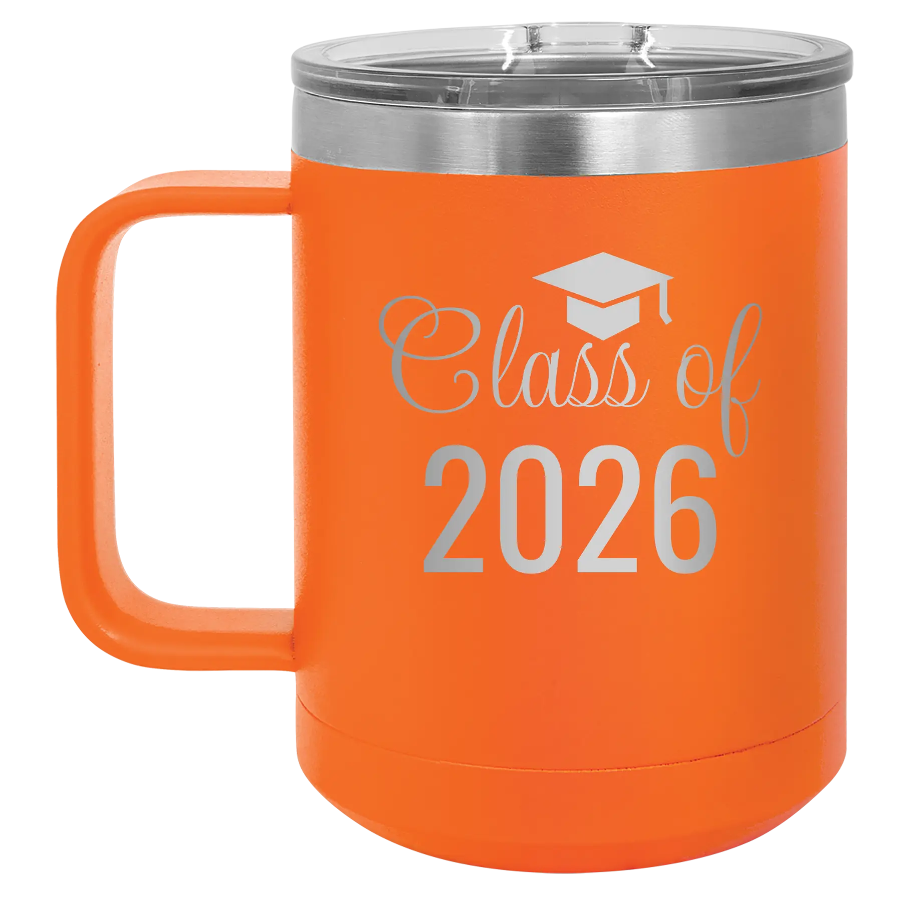 Personalized orange 15 oz vacuum insulated coffee mug with 'Class of' design