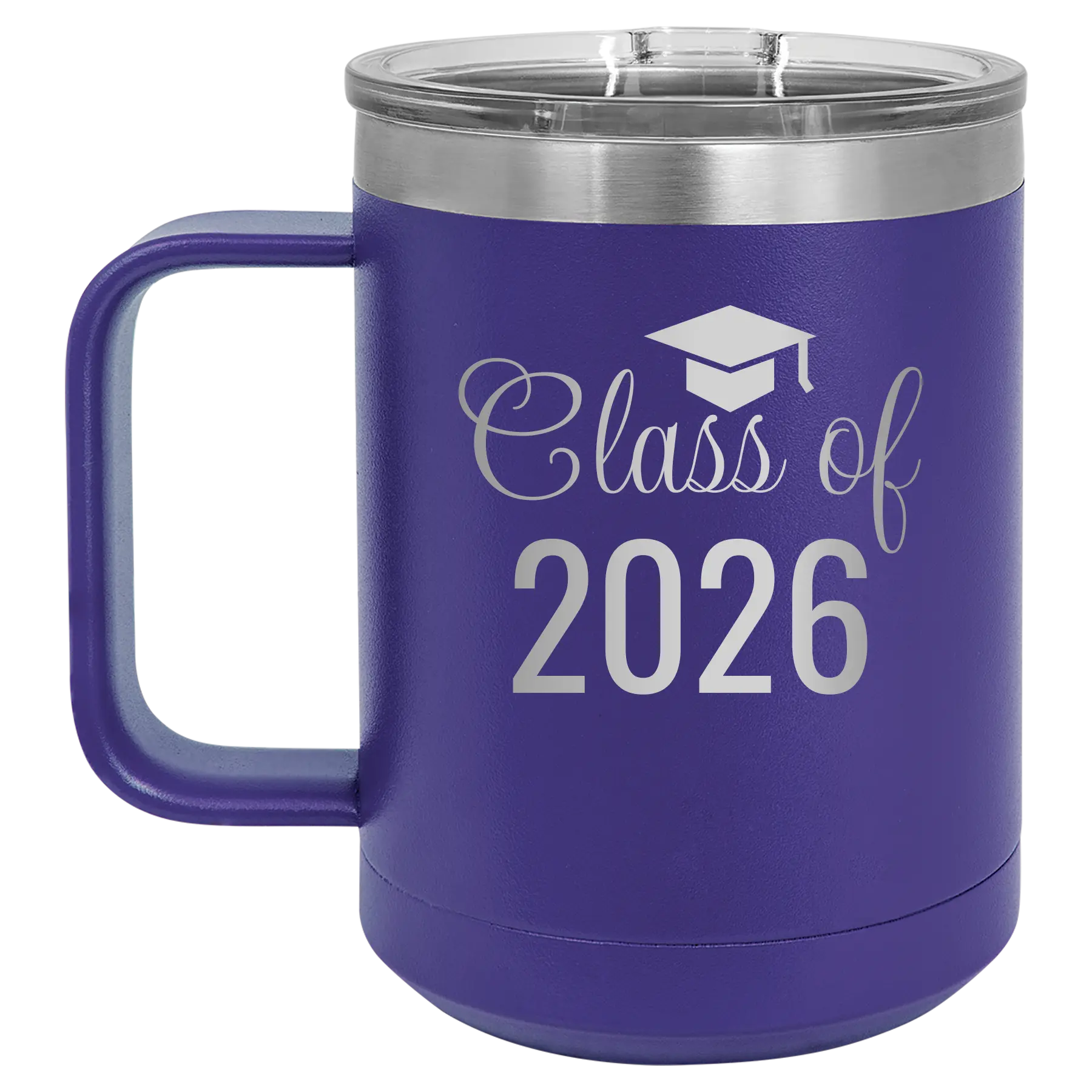 Personalized purple 15 oz vacuum insulated coffee mug with 'Class of' design