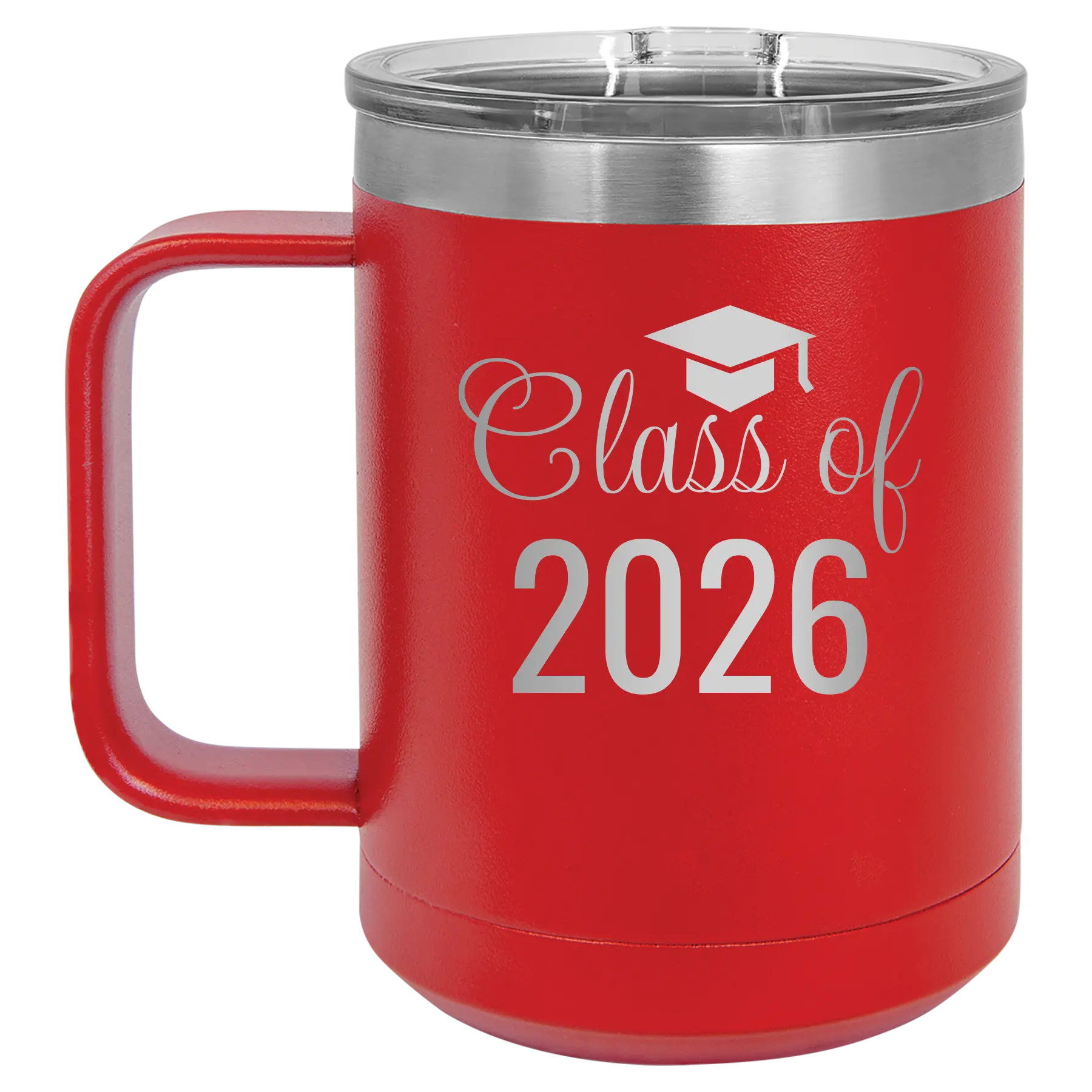 Personalized red 15 oz vacuum insulated coffee mug with 'Class of' design