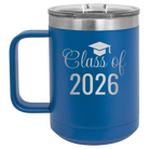 Personalized royal blue 15 oz vacuum insulated coffee mug with 'Class of' design
