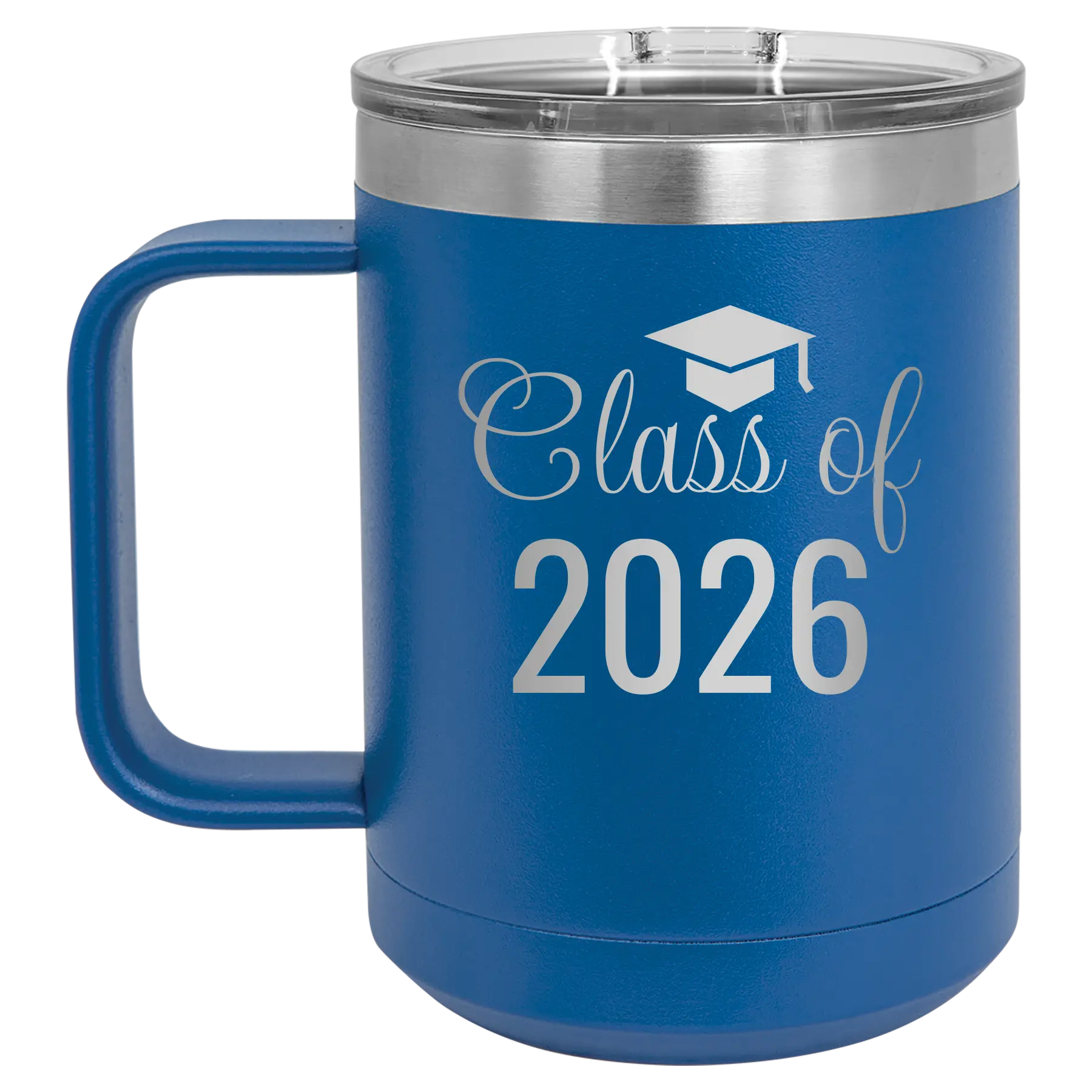 Personalized royal blue 15 oz vacuum insulated coffee mug with 'Class of' design