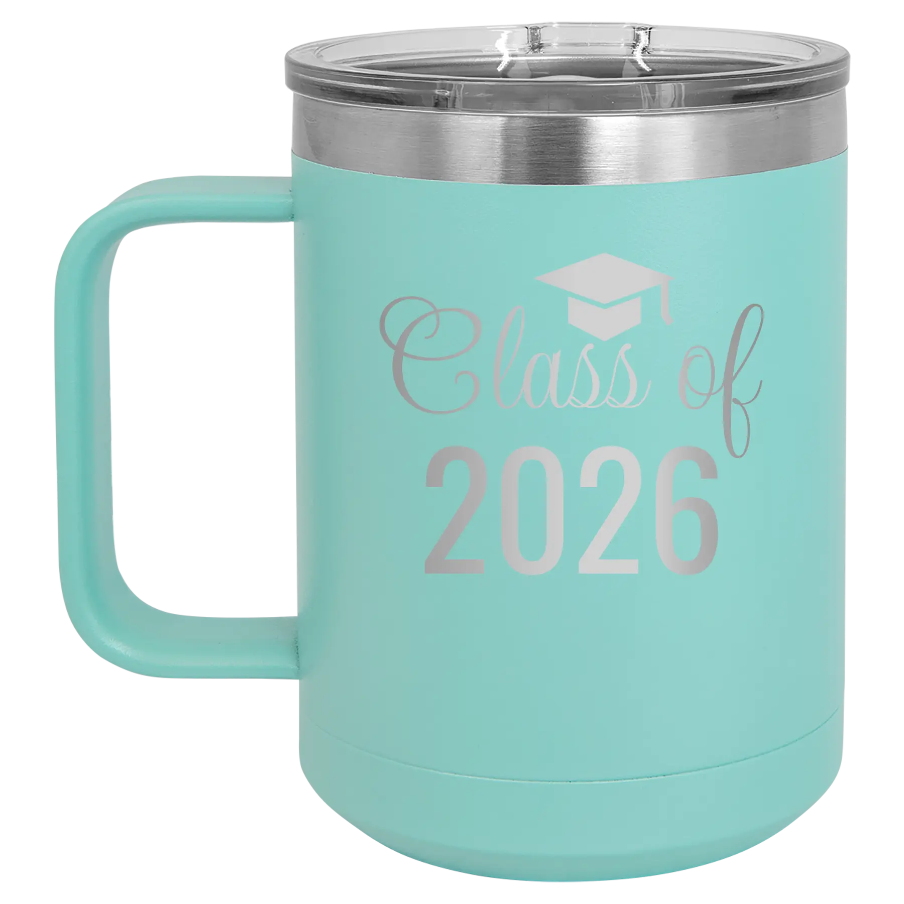 Personalized teal 15 oz vacuum insulated coffee mug with 'Class of' design
