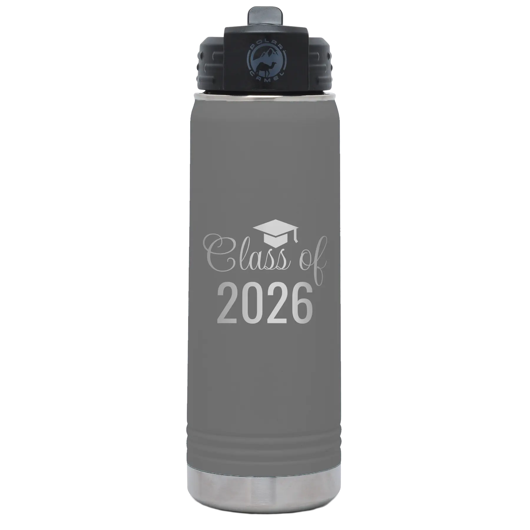 Personalized dark gray 20 oz vacuum insulated water bottle with 'Class of' design