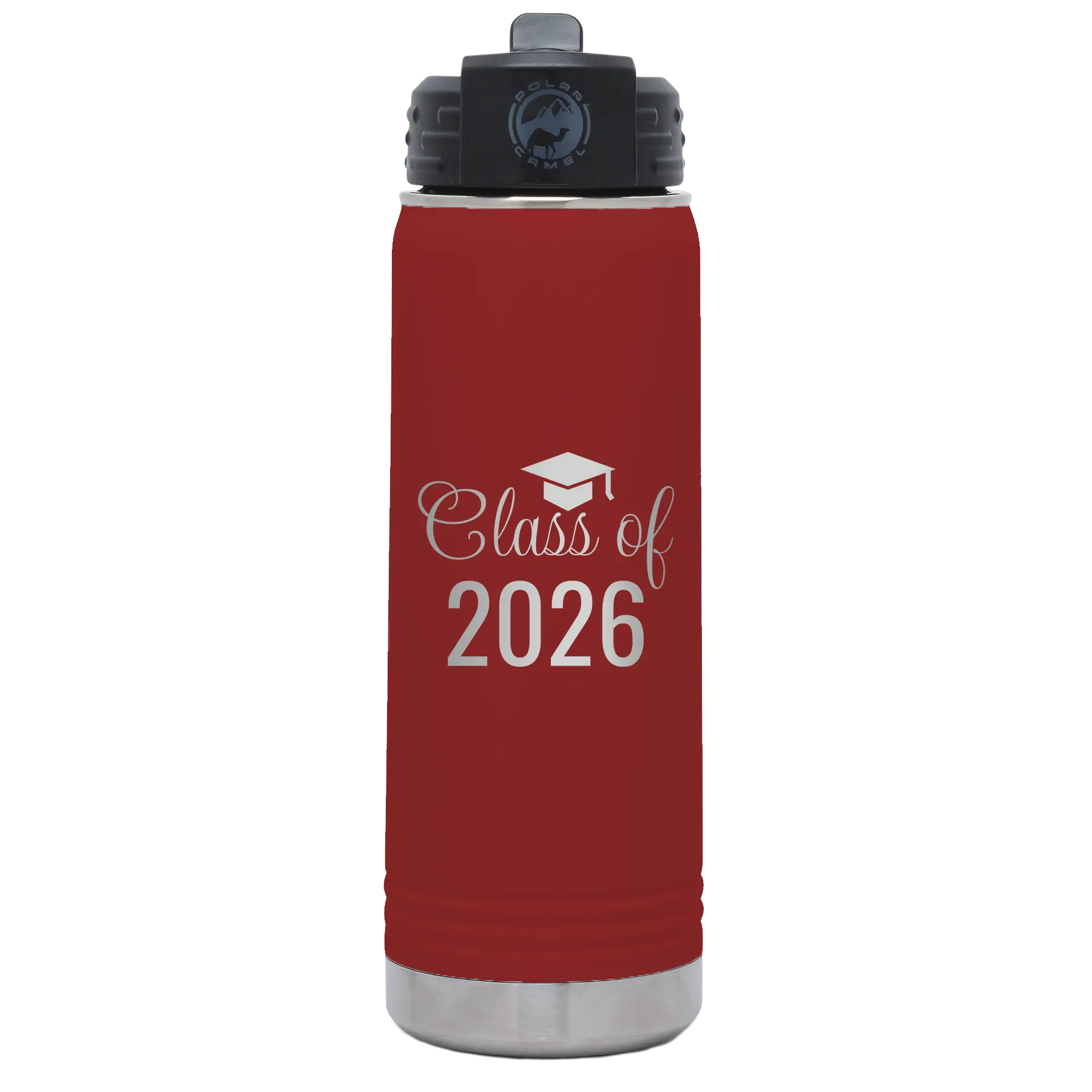 Personalized maroon 20 oz vacuum insulated water bottle with 'Class of' design