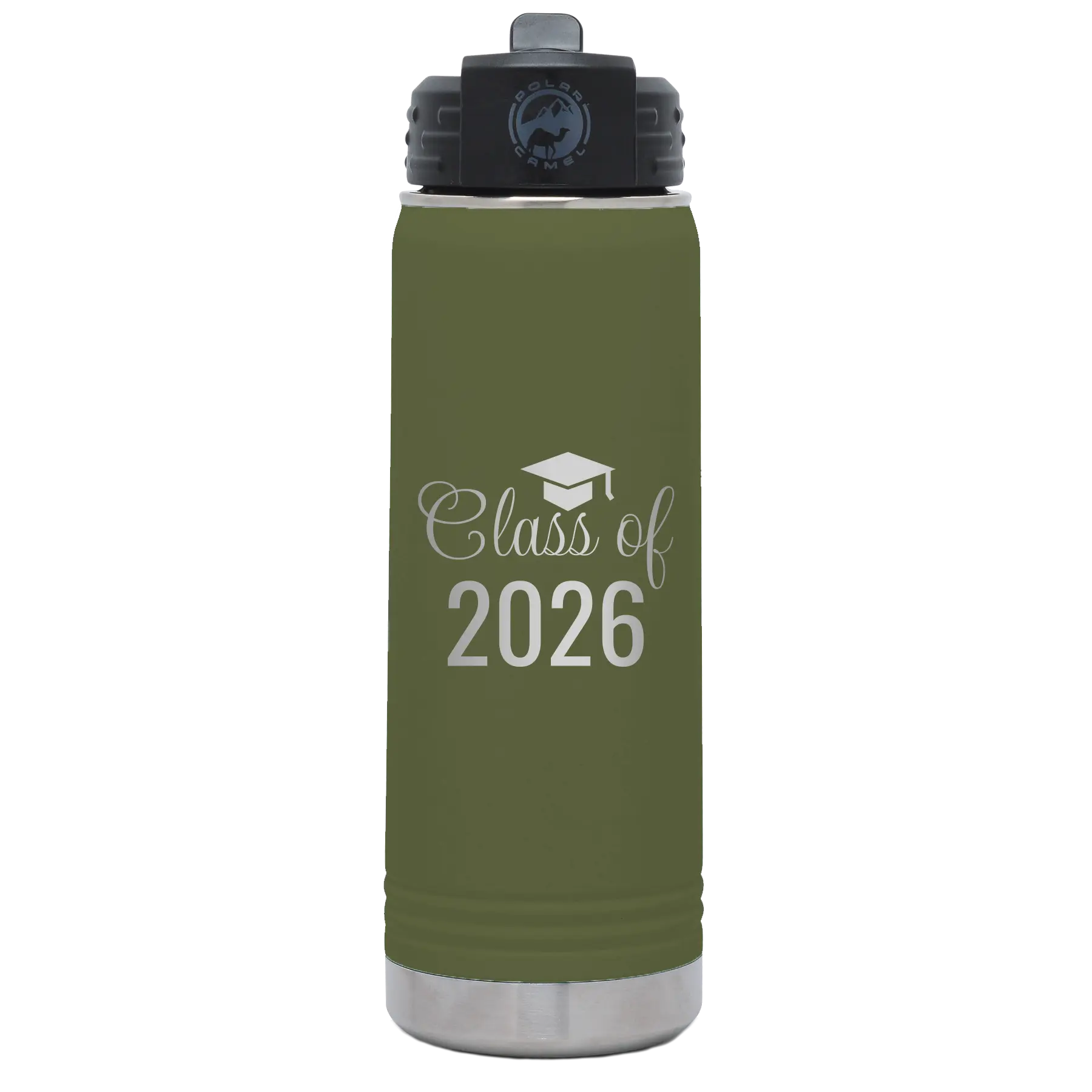 Personalized olive green 20 oz vacuum insulated water bottle with 'Class of' design