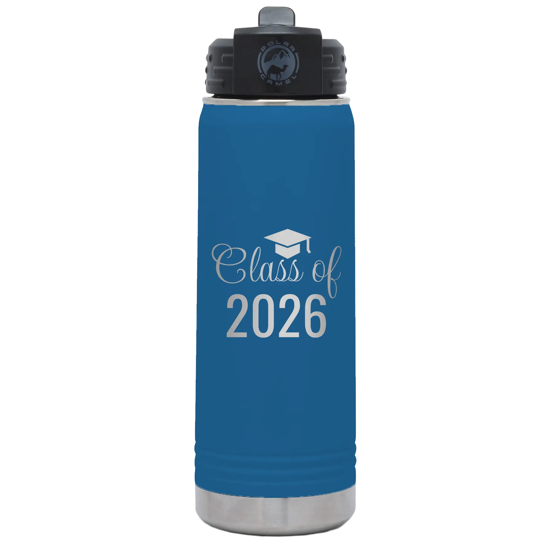 Personalized royal blue 20 oz vacuum insulated water bottle with 'Class of' design
