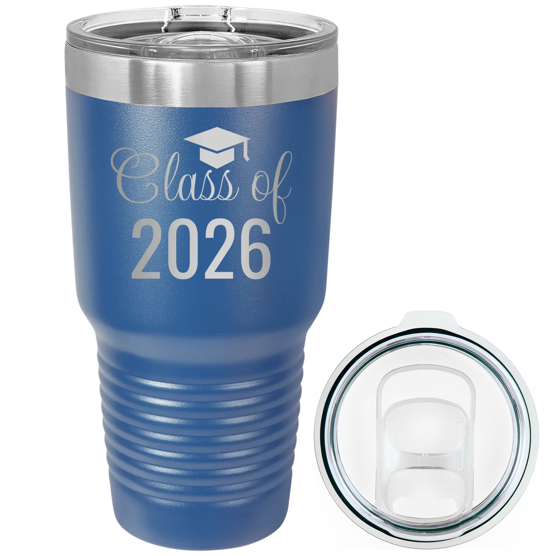 Personalized royal blue 30 oz vacuum insulated tumbler with 'Class of' design