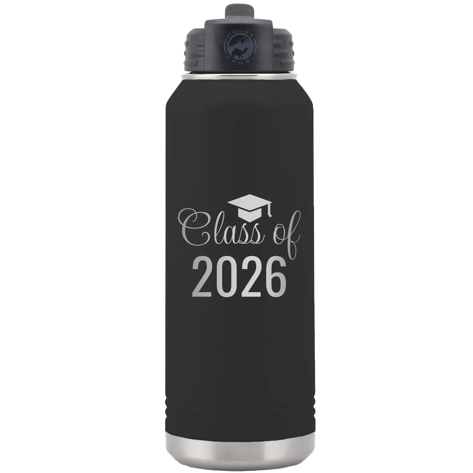 Personalized black 32 oz vacuum insulated water bottle with 'Class of' design