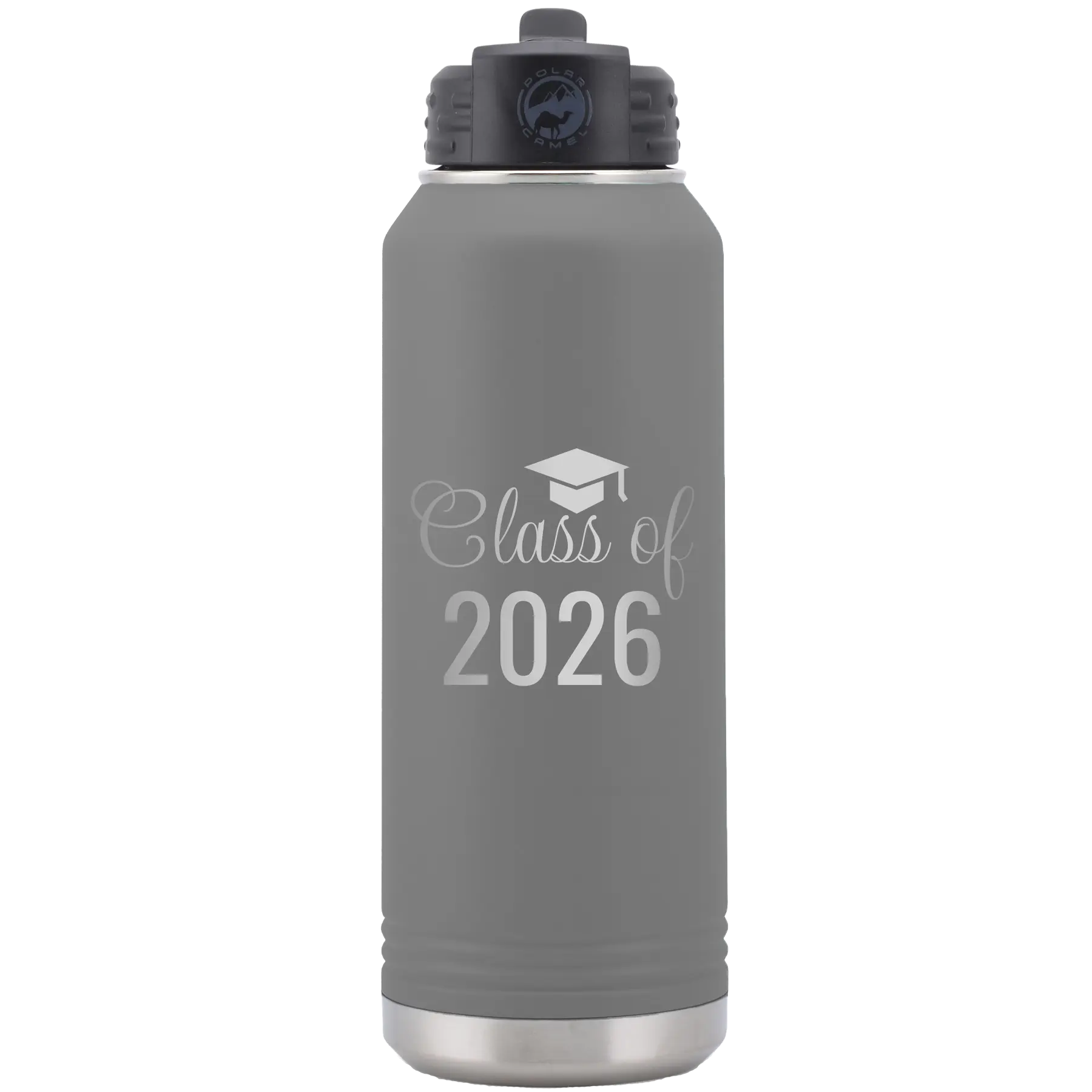 Personalized dark gray 32 oz vacuum insulated water bottle with 'Class of' design