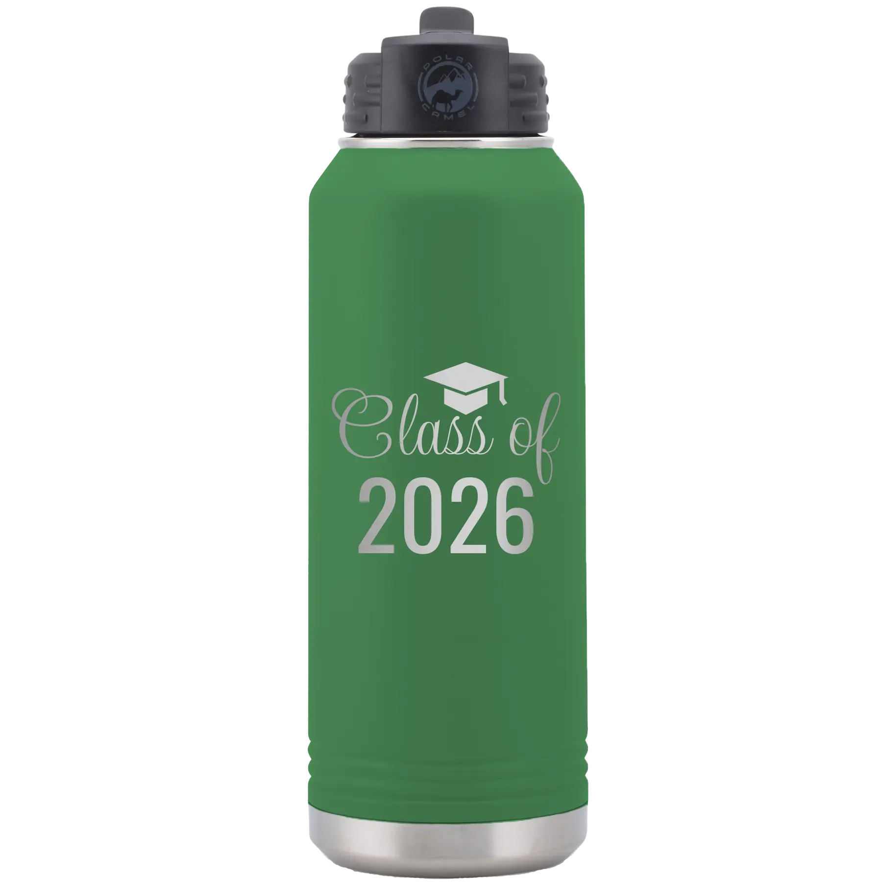 Personalized green 32 oz vacuum insulated water bottle with 'Class of' design