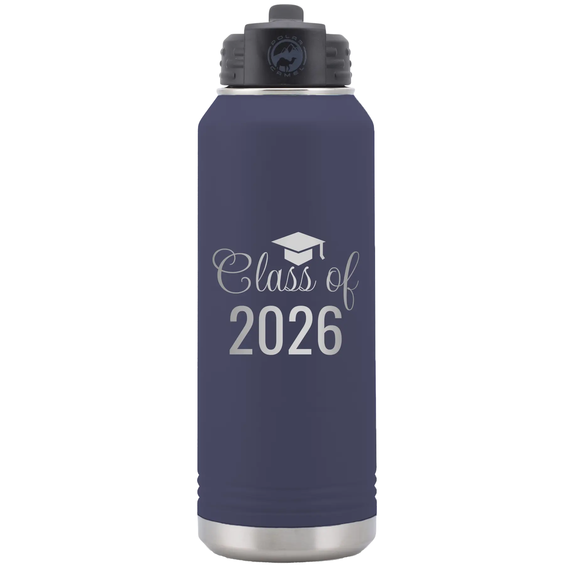 Personalized navy 32 oz vacuum insulated water bottle with 'Class of' design